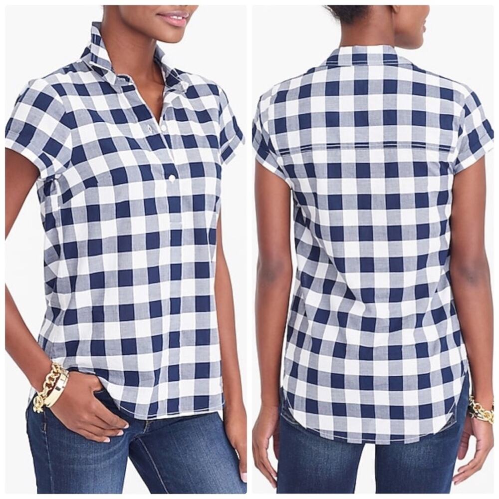 J. Crew Gingham Mercantile Check Popover Cotton Navy Shirt Button Up‎ Size XS